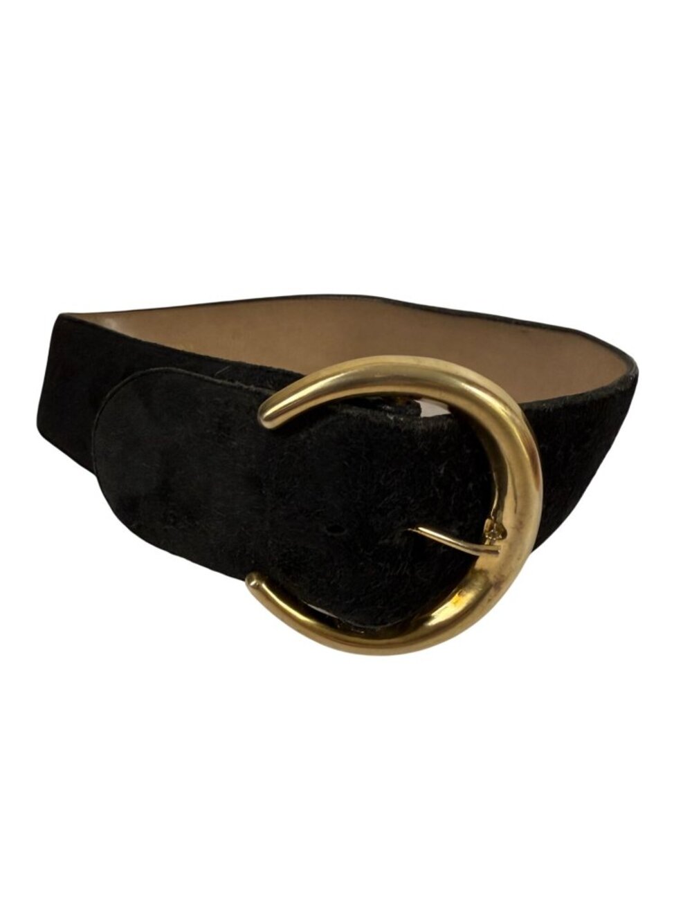 Vintage 80s Bonwit Teller Black Sueded Pigskin Belt Gold-Tone Round Buckle 28"